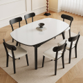 青木川 简约现代实木餐桌椅组合家用客厅小户型伸缩方圆可变圆桌两用多功能岩板餐桌椅组合吃饭桌子奶油风