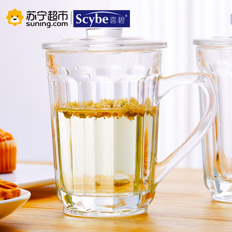 scybe喜碧加厚耐热玻璃茶杯透明泡茶玻璃杯带盖高硼硅水杯335ml 单只