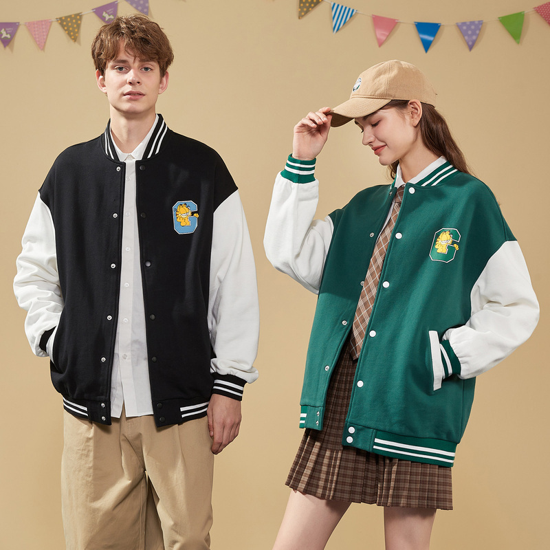 [2.5折价140元]加菲猫联名唐狮春秋新款情侣外套后背印花棒球服休闲情侣装