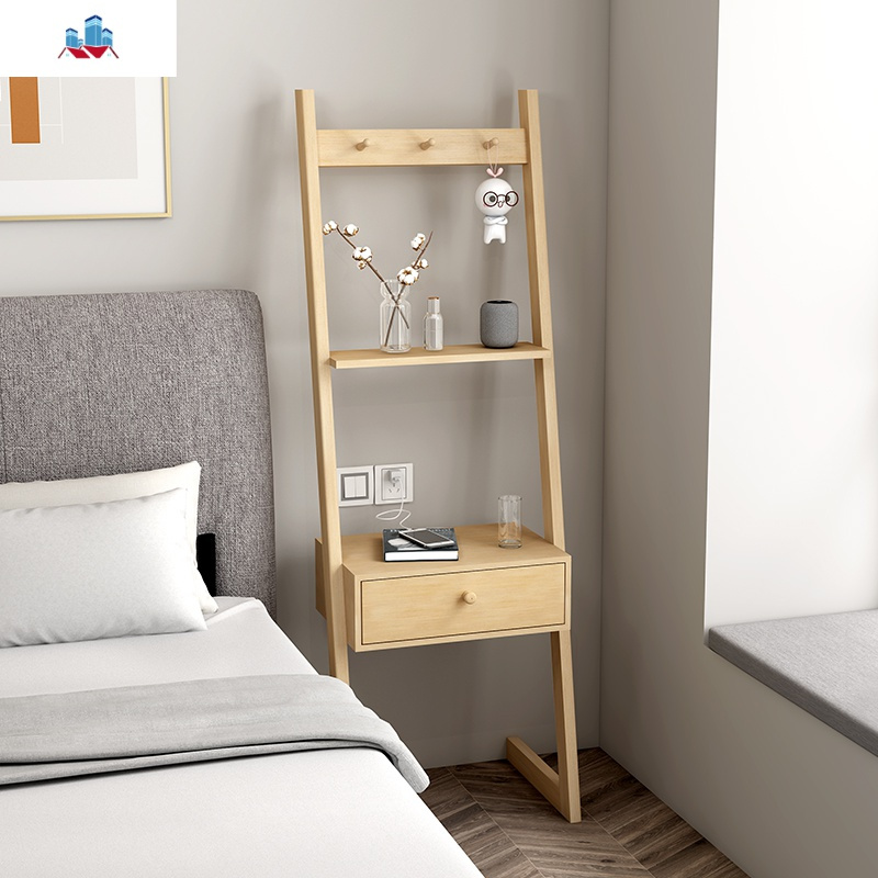 实木云梯床头柜北欧简约现代床头置物架卧室小户型迷你床头柜书架泰