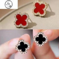 JiMi四叶草耳钉女士银银耳饰高端2023年新款潮洋气流行珍珠耳环坠 四叶草黑+红