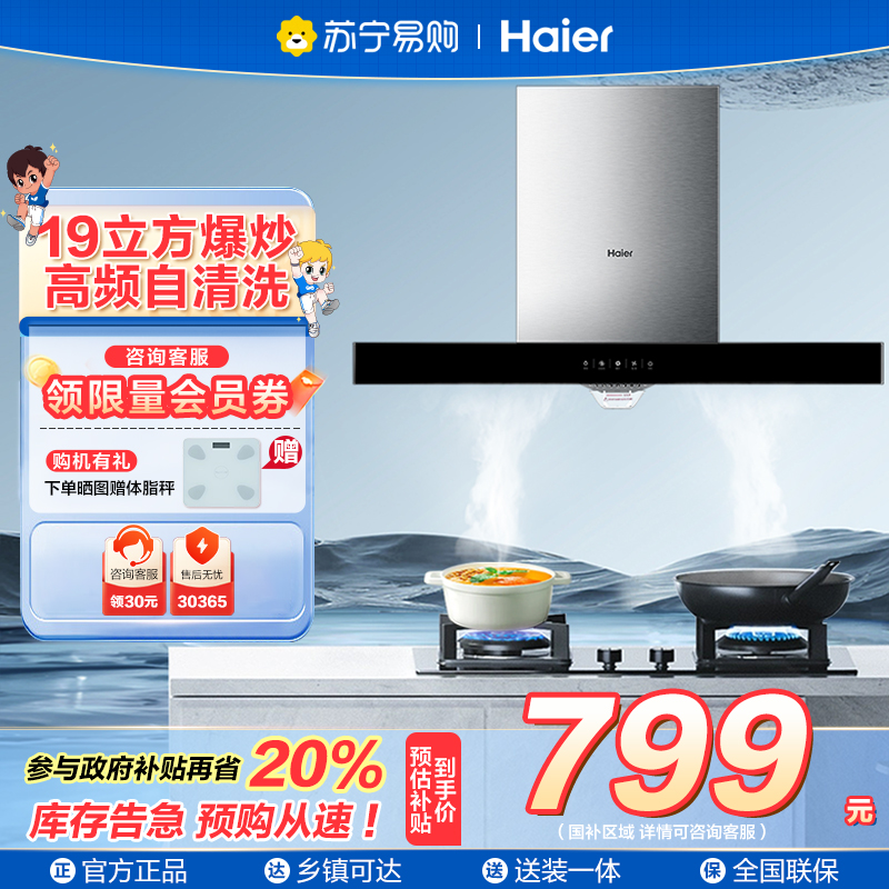 [新品]海尔(Haier)抽油烟机欧式吸油烟机19立方大吸力 420pa大风压高频自旋洗家用吸烟机抽烟机以旧换新T3S高清大图