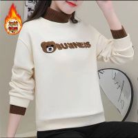 加绒加厚卫衣女2023年秋冬新款圆领宽松上衣小熊刺绣设计感显减龄