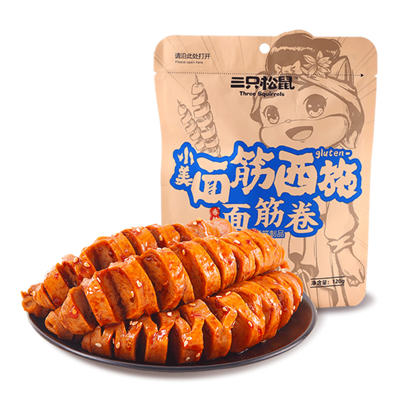 [三只松鼠_面筋卷/香辣味/120g]休闲零食小吃辣条童年零食