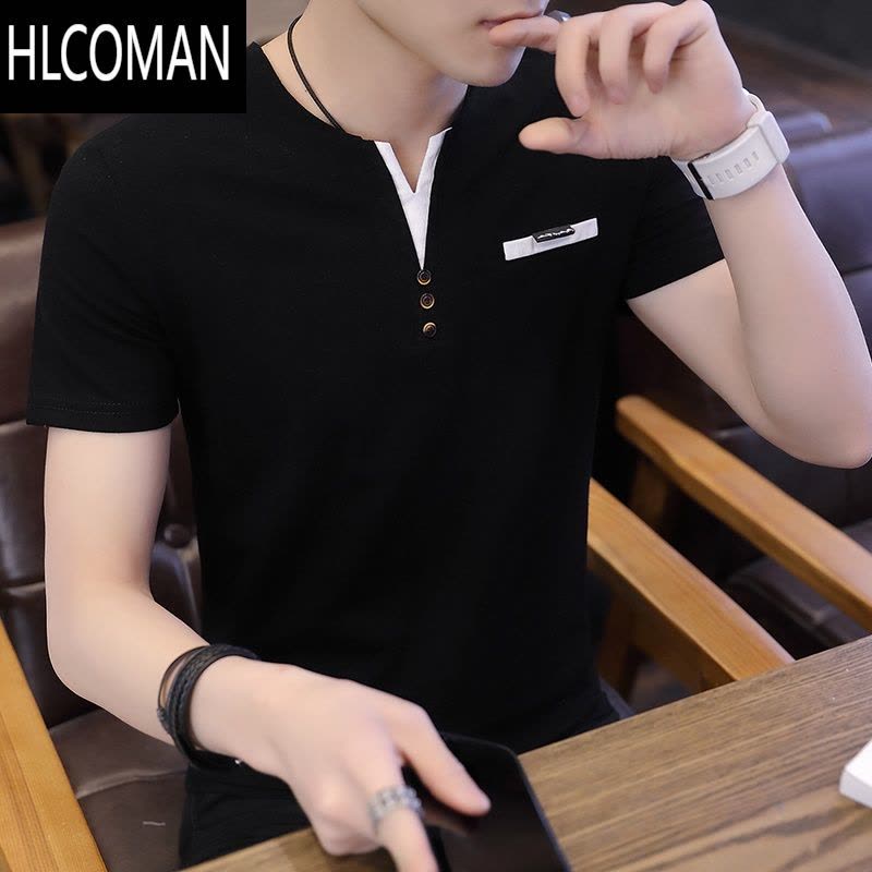 HLCOMAN短袖男t恤2024夏季新款韩版潮牌上衣服男士修身V领半袖小衫图片