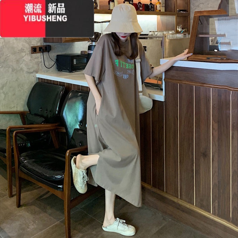 YIBUSHENG特大码300斤T恤连衣裙女短袖长款胖MM季240宽松过膝长裙懒人裙