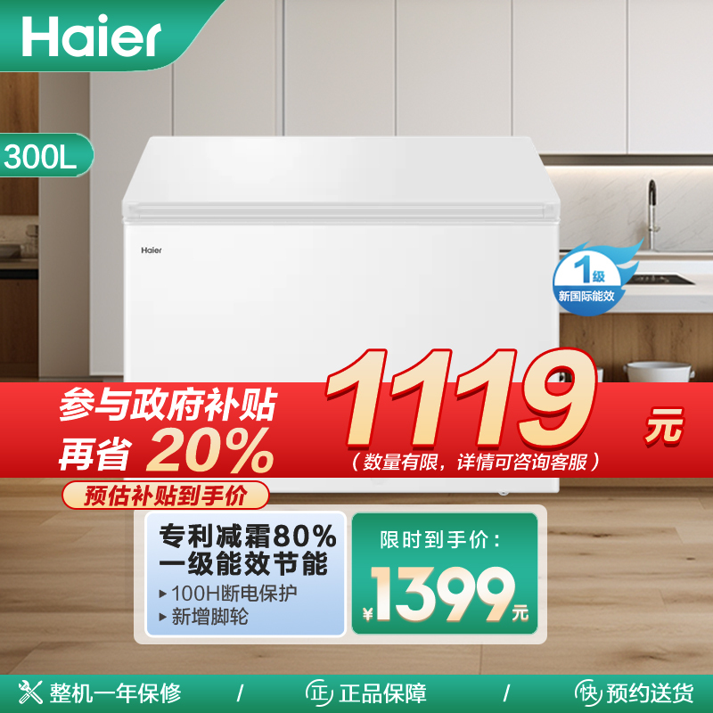 海尔(Haier)300升家用卧式冰柜 冷柜 小冰箱 大冷柜 减霜80% 断电保护 一级能效 BC/BD-300GHD