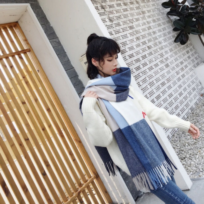 2023新款加厚围巾女冬季韩版网红围脖披肩保暖流苏格子围巾高清大图