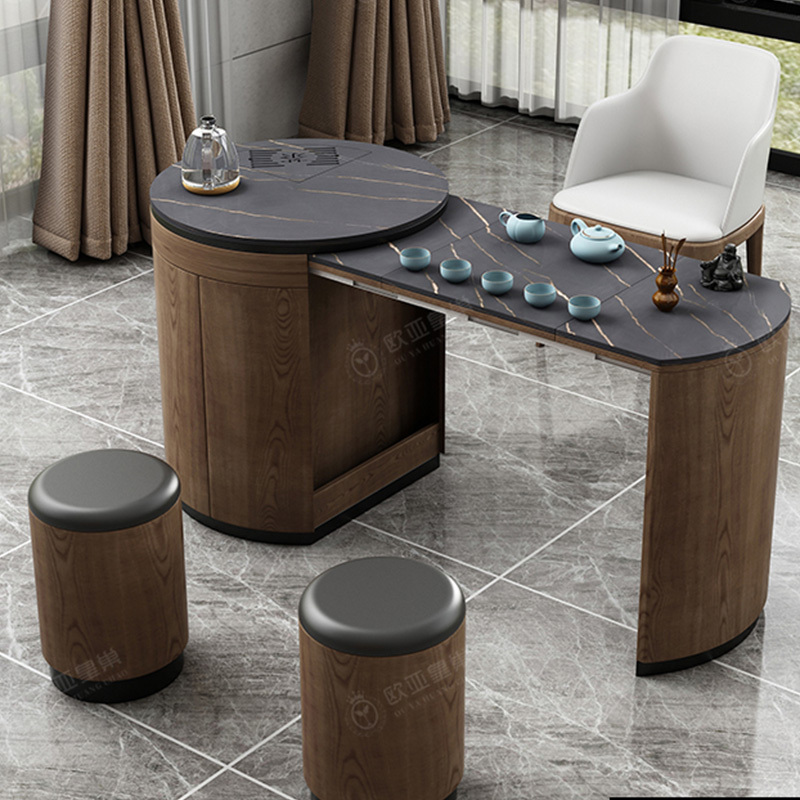 圆形岩板功夫茶几小户型伸缩茶台家用客厅现代轻奢茶桌泡茶壶一体