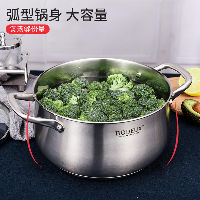 铂帝斯(BODEUX) 爱丽舍系列304不锈钢汤锅24cm三层复打底可视玻璃盖 迅速导热 电磁炉燃气通用