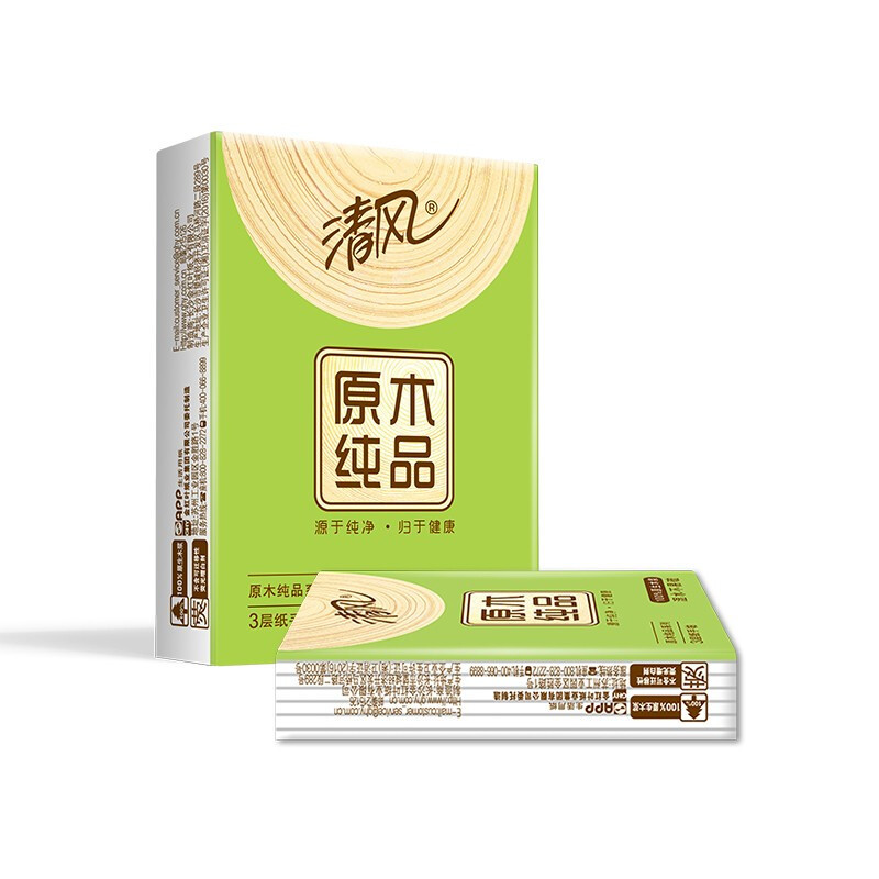 清风原木纯品手帕纸3层8张10包