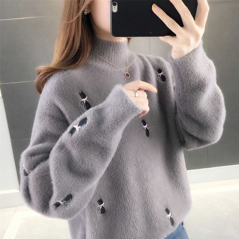 毛衣女半高领秋冬2023新款韩版绣花宽松内搭加厚针织打底衫 2XL建议125-135斤 薄款烟灰色