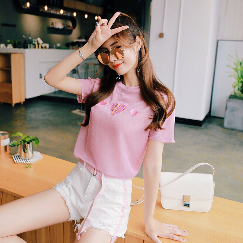 短袖女2018新款春夏装小清新上衣韩版圆领百搭心形印花亮丝t恤女 粉红