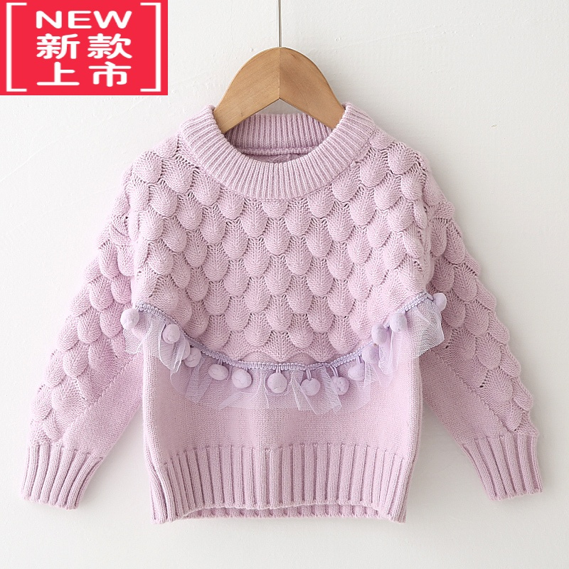 可莉允女童毛衣秋冬加绒加厚洋气宽松针织衫套头宝宝毛衫1-5岁公主蕾丝4