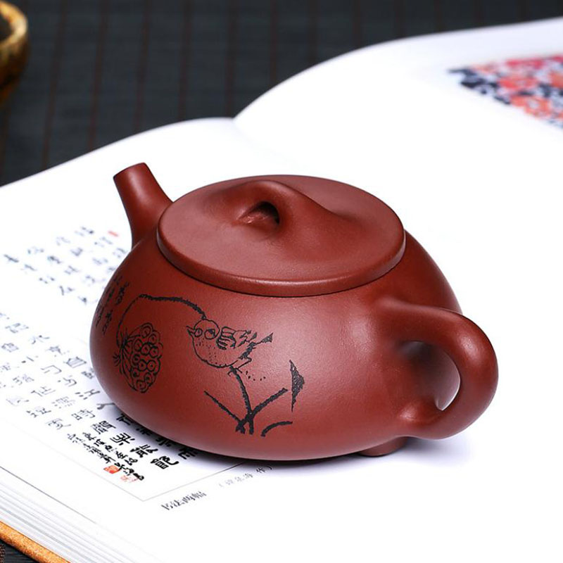 美帮汇石瓢壶紫砂壶荷香球孔手工刻茶具茶壶家用泡茶壶紫泥高清大图