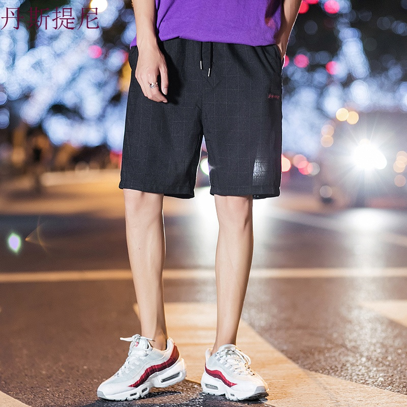 格子裤男短裤五分裤夏季薄款运动裤宽松直筒沙滩裤韩版潮流休闲裤