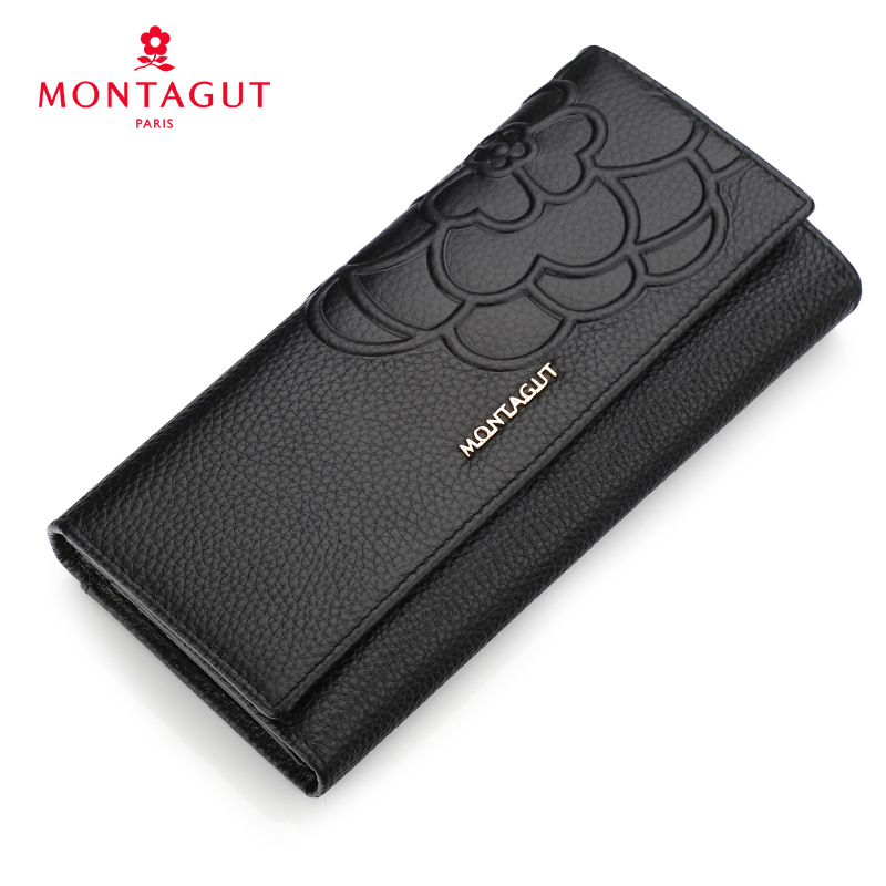 梦特娇钱包女真皮长款三折女士折叠钱包简约百搭多功能头层牛皮票夹