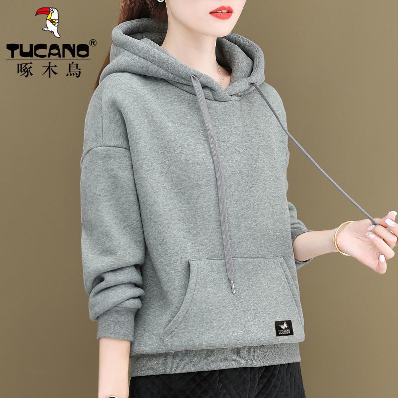 色连帽卫衣女装2021新款秋冬季加绒加厚外套灰色上衣