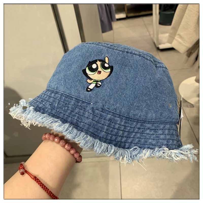 盛世尼曼hm8mz牛仔渔夫帽显脸小水洗遮光防晒帽子飞天小女警刺绣毛边