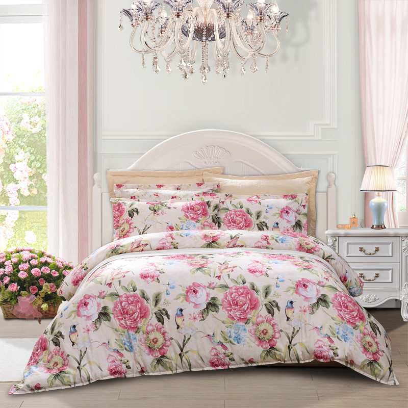 富安娜fuanna家纺田园风四件套纯棉18m床双人床单被罩床上用品全棉