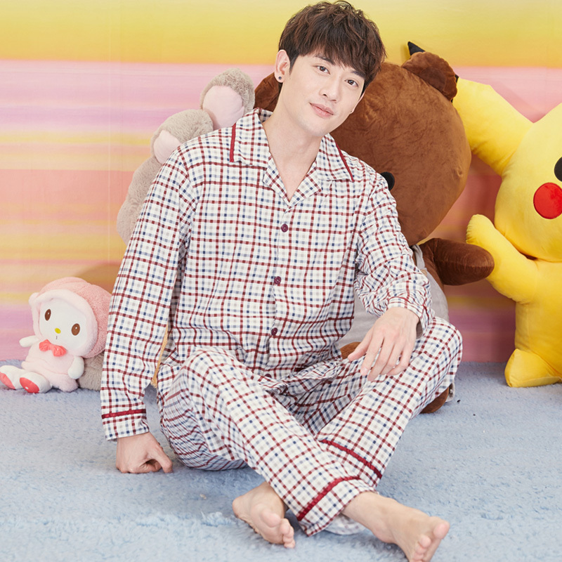 茜靓2020男士睡衣长袖纯棉春秋季开衫睡衣加大码家居服套装韩版冬视频