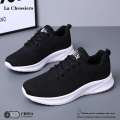 La Chessiers户外跑步鞋飞织弹力网面男鞋2025春夏季新款百搭透气运动休闲鞋子 黑白 42码