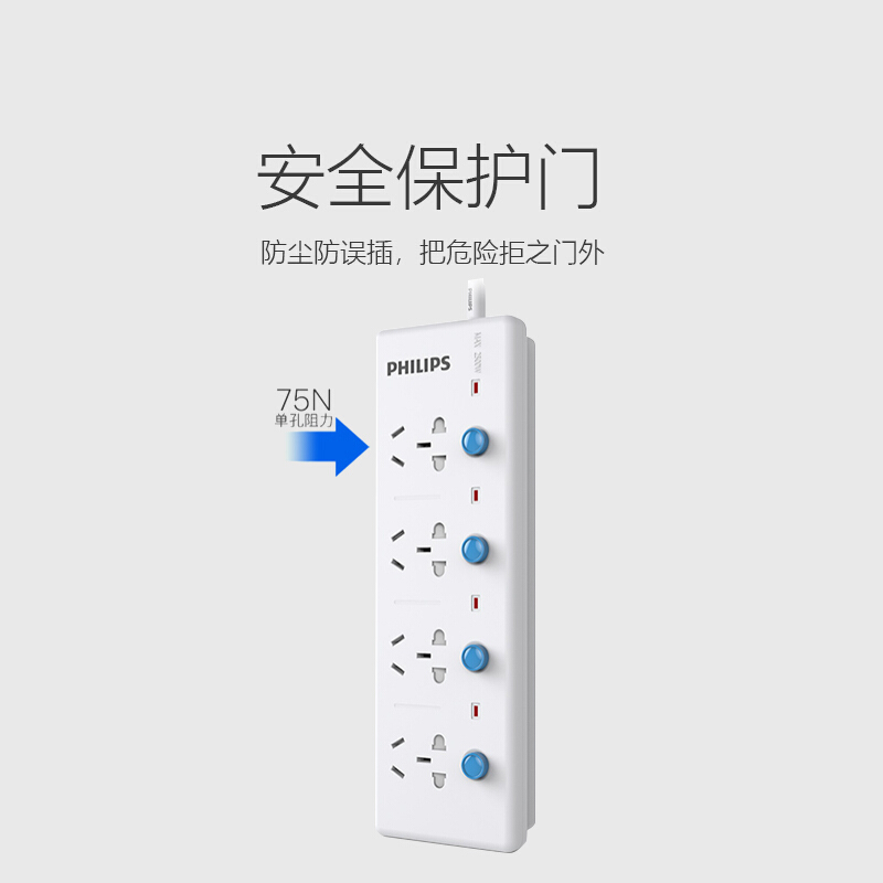 飞利浦(Philips)SPS1412Z四位分控开关新国标带保护门全长1.8米线芯加粗大孔间距电源线接线板插座插排白色