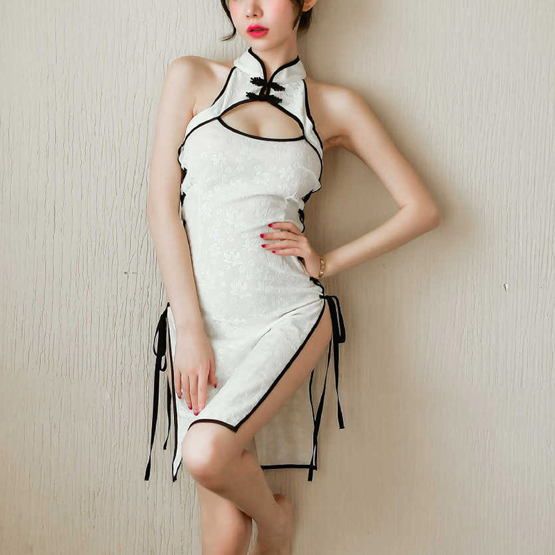 女士情趣内衣性感旗袍连衣裙职业套装制服破洞诱惑学生包臀超短裙丁字裤开档透明免脱女式情趣睡衣后入式运动长夜漫漫成人女性用品 【白色】旗袍+内裤 均码80-130斤