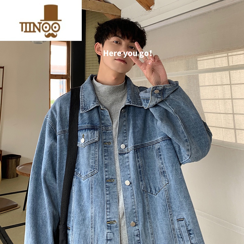 YANXU牛仔外套男款宽松黑色工装夹克潮牌复古高街翻领水洗上衣上高清大图