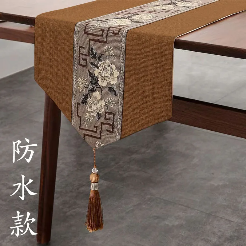 家柏饰(CORATED)新中式桌旗禅意刺绣棉麻茶旗餐桌垫长条桌布艺现代简约电视柜盖巾 云中君-深卡其 定制专拍高清大图