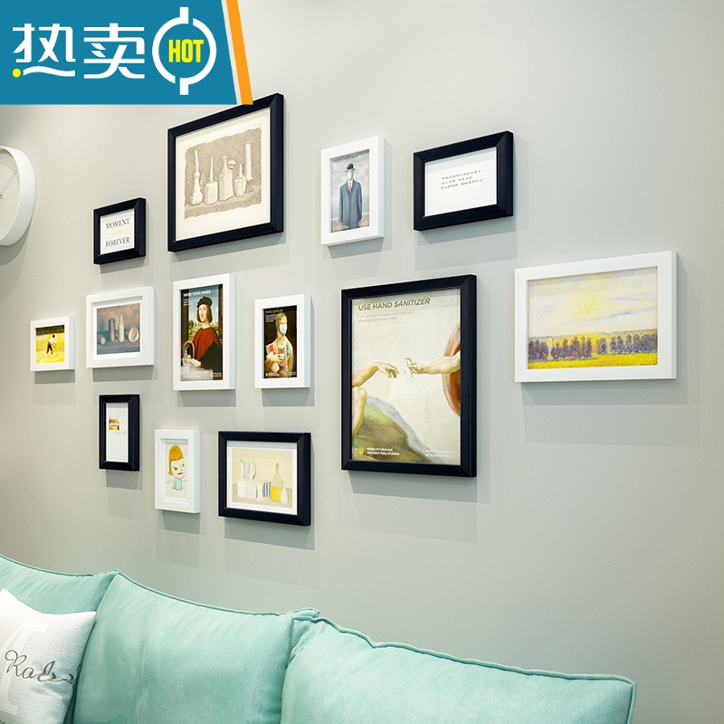 敬平现代简约照片墙相框挂墙免打孔创意装饰卧室客厅组合框加洗照片框 13框 白色+黑色 (安装图纸+无痕钉等配件)无画芯高清大图