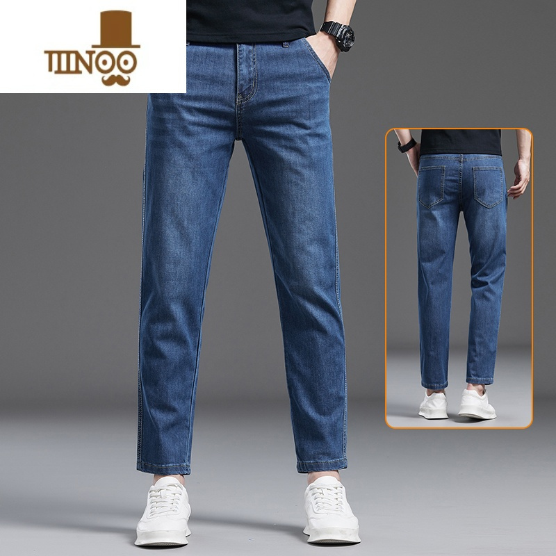 YANXU白色休闲裤男士夏季薄款直筒宽松韩版潮流百搭简约九分牛仔长裤子