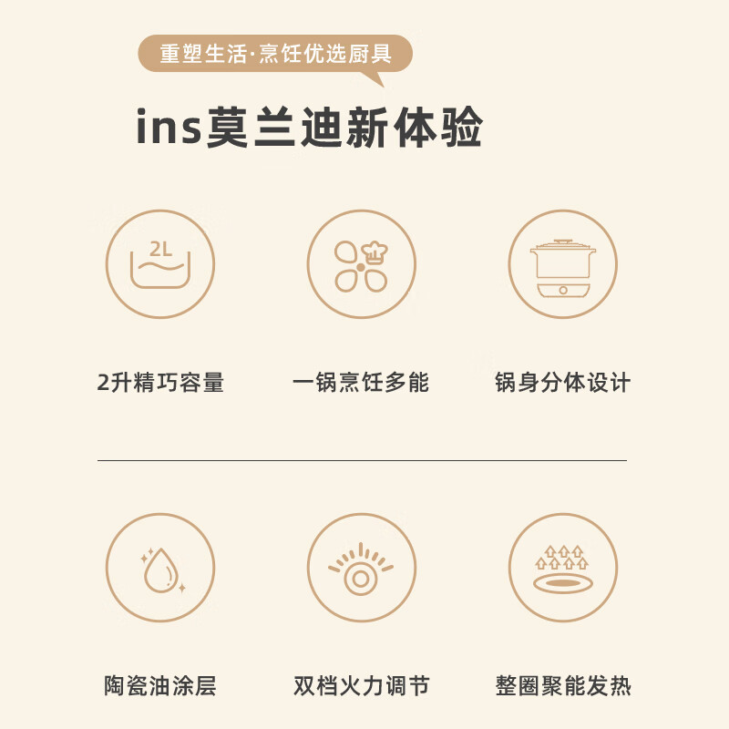 LOTOR浣熊电煮锅分体式电炒锅家用多功能学生多用途锅电热锅宿舍不沾易清洗泡面锅蒸锅 白色蒸格款 2L