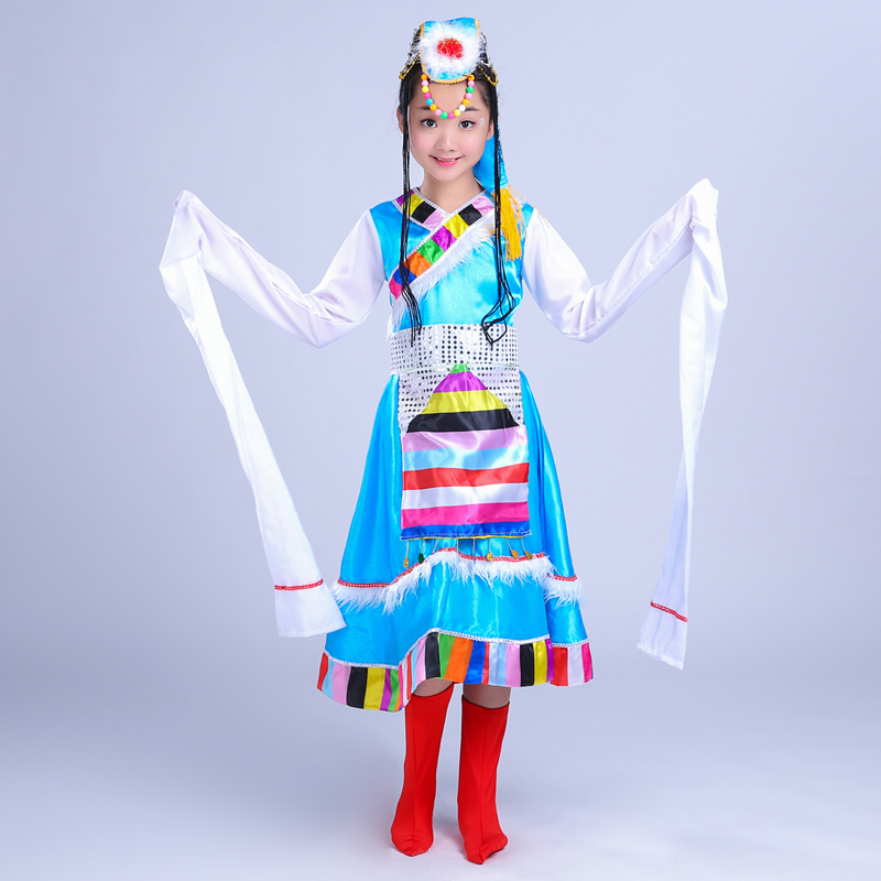1号蓝色110cm六一儿童演出服藏族舞蹈演出服儿童女少数民族服装藏族