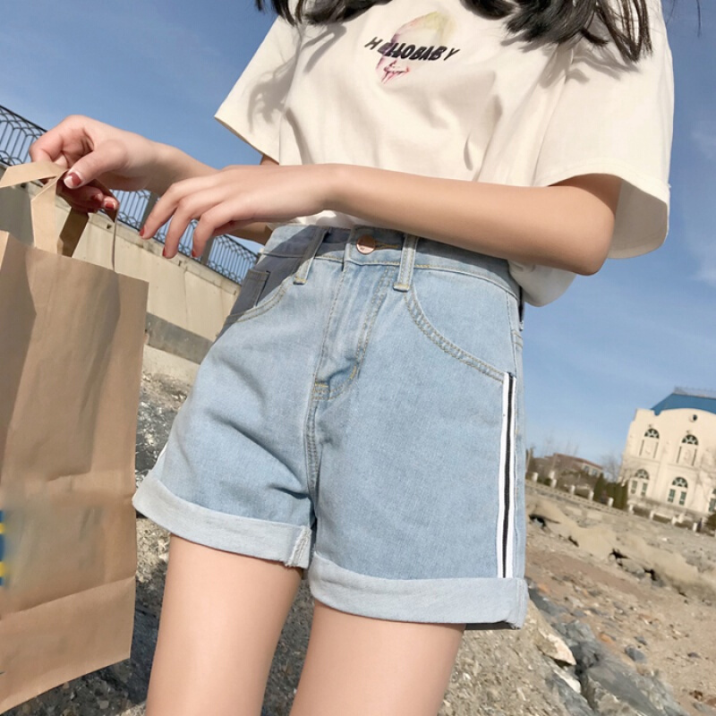 夏装女装新款韩版百搭撞色条纹阔腿裤短裤高腰卷边牛仔裤学生浅蓝色