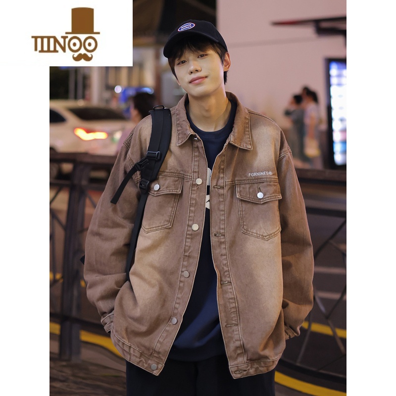 YANXU秋季新款美式复古做旧牛仔外套男士款帅气宽松夹克衫高清大图