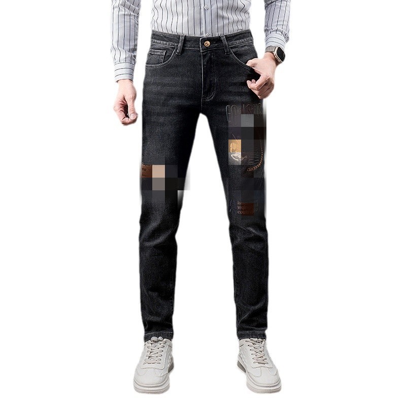 新品欧货牛仔裤修身款男潮流时尚轻奢加绒保暖弹力刺绣长裤子高清大图