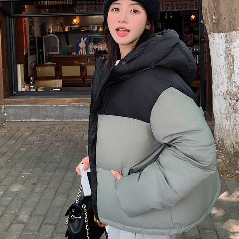2024冬季新款韩版宽松加厚连帽保暖面包服棉衣女短款羽绒棉服外套 灰色 XL