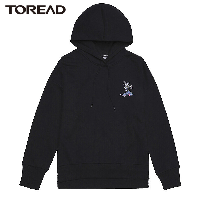 探路者女式卫衣蓬松加厚不掉毛套头卫衣秋冬季运动户外保暖黑颈鹤仿刺绣印花旅行出游连帽卫衣