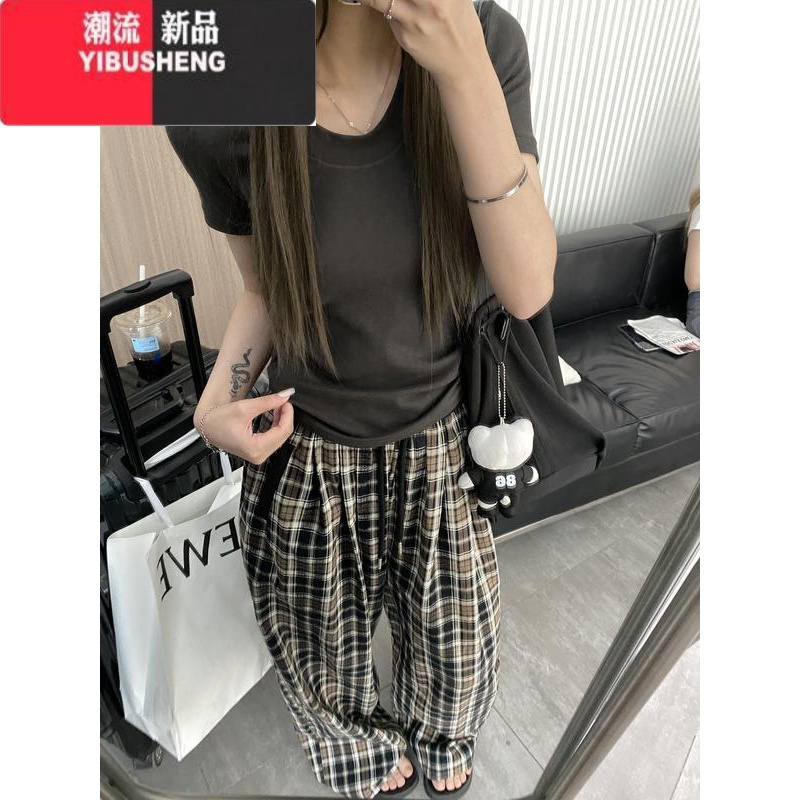 YIBUSHENG2024新品阔腿裤女季宽松显瘦直筒高腰复古撞色格纹拖地休闲裤子