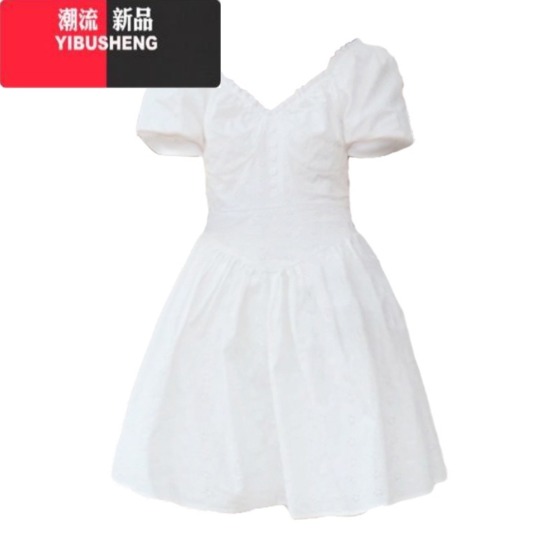 YIBUSHENG法式纯欲白色V领连衣裙季新款小个子奶甜收腰蓬蓬公主仙女短裙 白色 XL