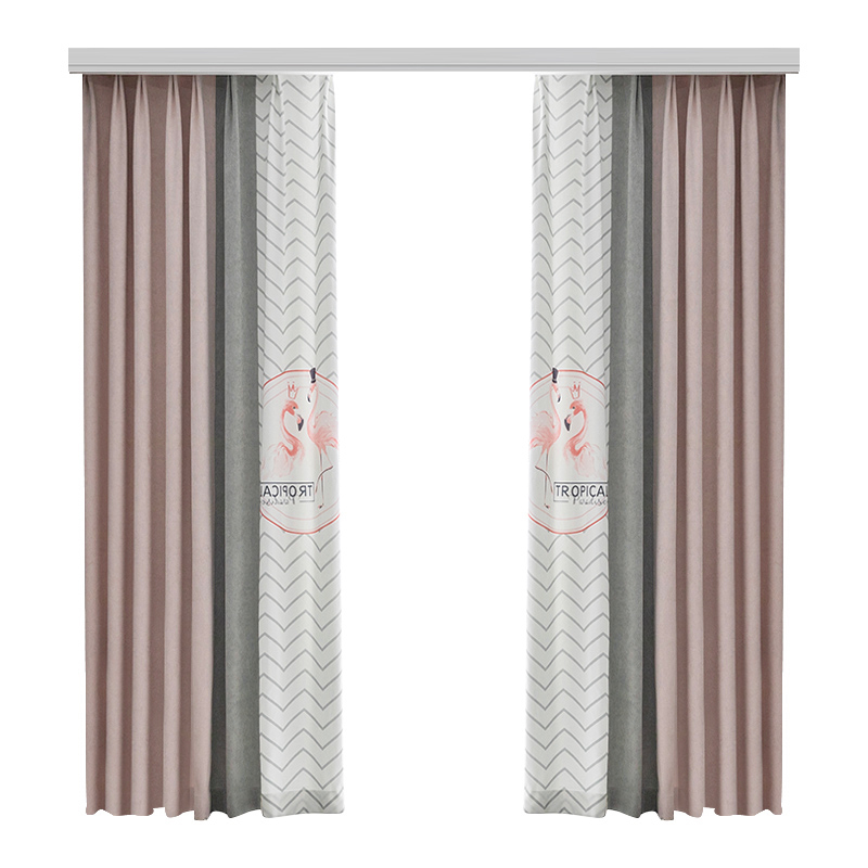 美帮汇北欧风窗帘 雪尼尔仿羊绒粉灰色拼接 卧室遮光窗帘成品 雪尼尔粉色+浅灰+灰色火烈鸟 6米布帘一套/双开（适用于2.7≦轨长≦3.2米)
