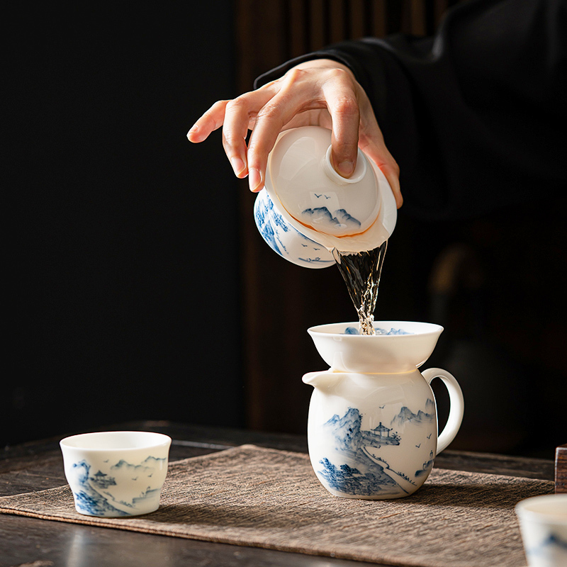 苏氏陶瓷(SUSHI CERAMICS)手绘羊脂玉茶具省级陶瓷艺术大师陈建瑞手工山水画三才盖碗礼盒装