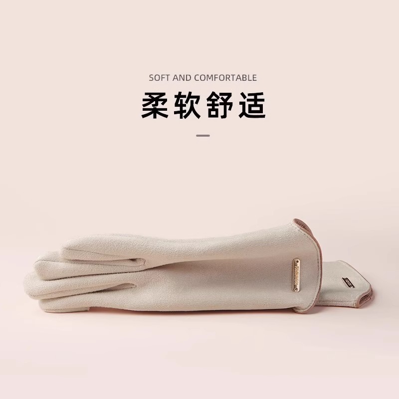 手套女冬季2023新款麂皮绒保暖加绒骑车防风防寒秋冬触屏骑行手暖高清大图