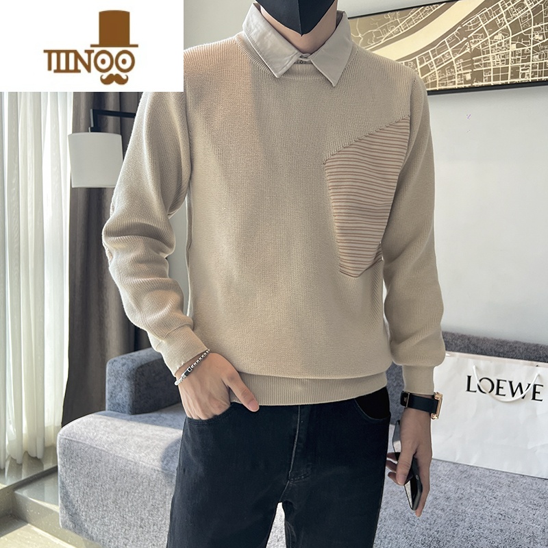 YANXU慵懒风假毛衣男士衬衫领网红设计感小众潮牌外穿针织衫高清大图