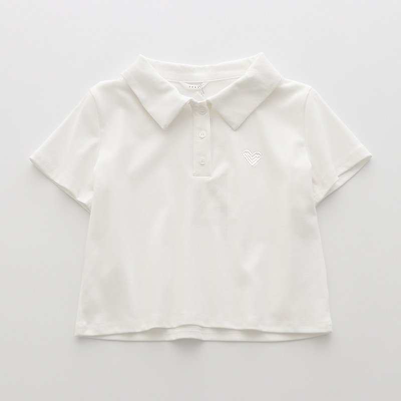 少女爱心刺绣短款polo衫翻领t恤女修身棉质短袖上衣 2021春夏 白色