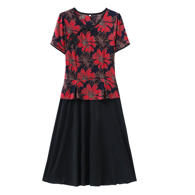 中年妈妈夏装复古斜襟盘扣连衣裙假两件中老年人女装拼接花裙子