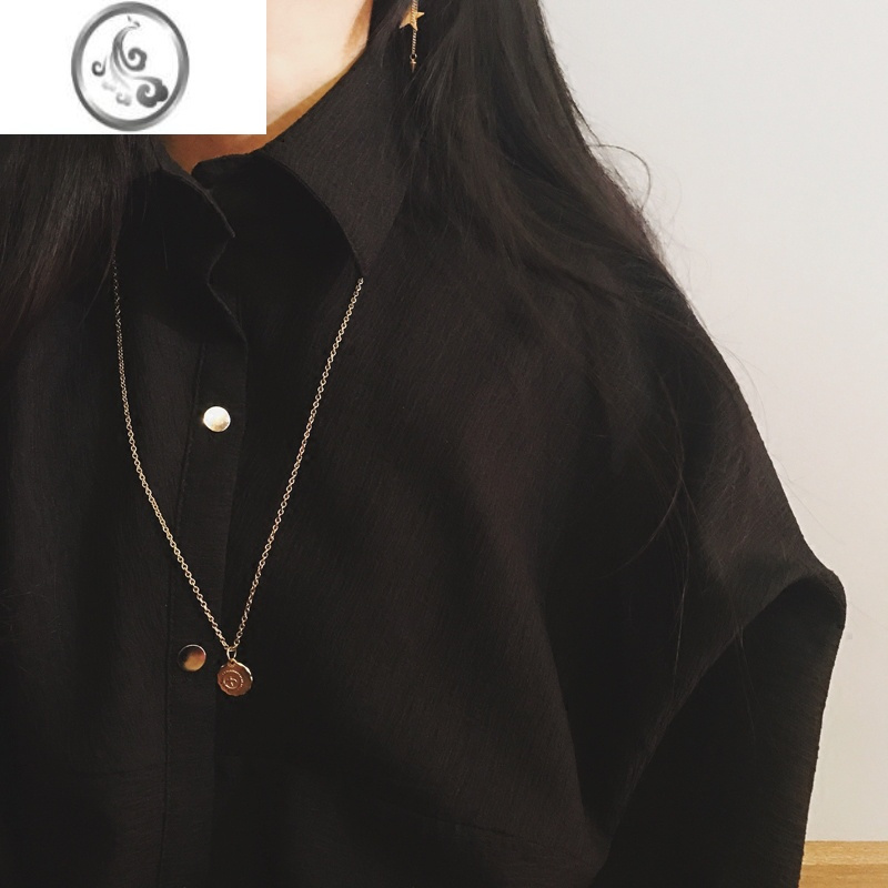 jimi原宿简约复古百搭太阳飞鸟小金饼圆牌男女情侣毛衣长吊坠项链
