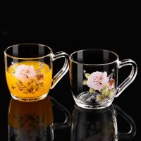 家用玻璃餐具套装碗盘杯组合环保印花贴花玻璃杯玻璃碗玻璃盘耐热 两只繁花见把杯