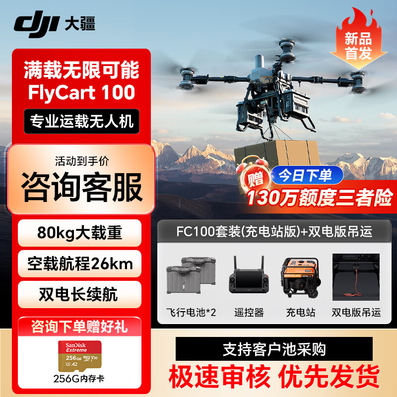 大疆FC100无人机 FlyCart100标准套装【含FC100+电池*2+降落伞+遥控器+吊运系统+充电站】提货卡